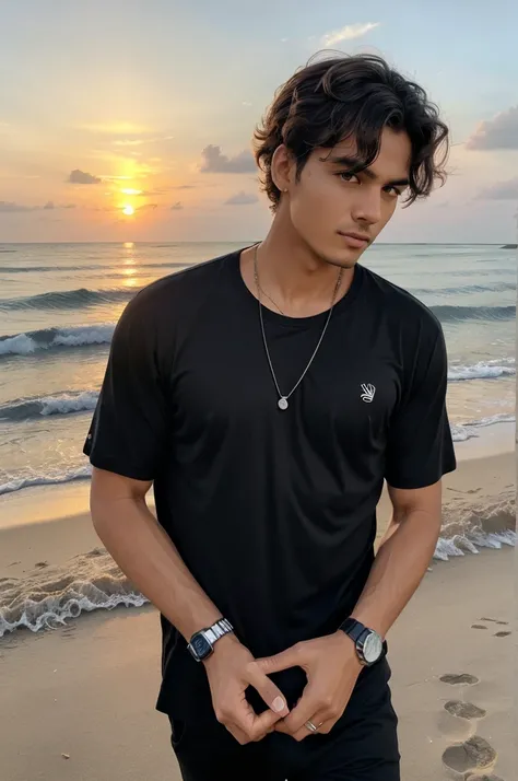 A man wearing a black shirt and Rolex watch in his and watching sunset in beach with messy hairstyle 