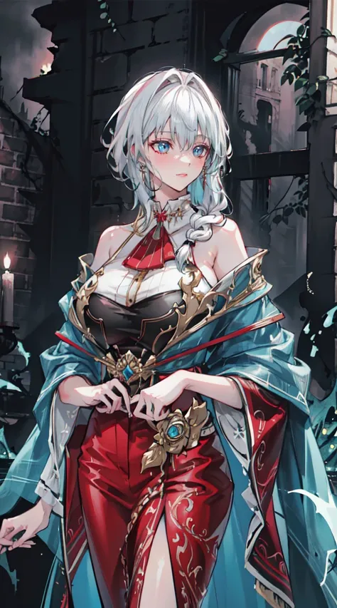 "4K, A dark ruin with no light., There was a mature and elegant woman., white hair, half braided hair, black eyes, Big breasted, wearing a magic  and a red robe., She looks cool, She has a seductive smile.."