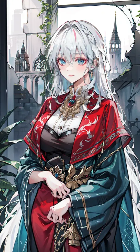 "4K, A dark ruin with no light., There was a mature and elegant woman., white hair, half braided hair, black eyes, Big breasted, wearing a magic  and a red robe., She looks cool, She has a seductive smile.."