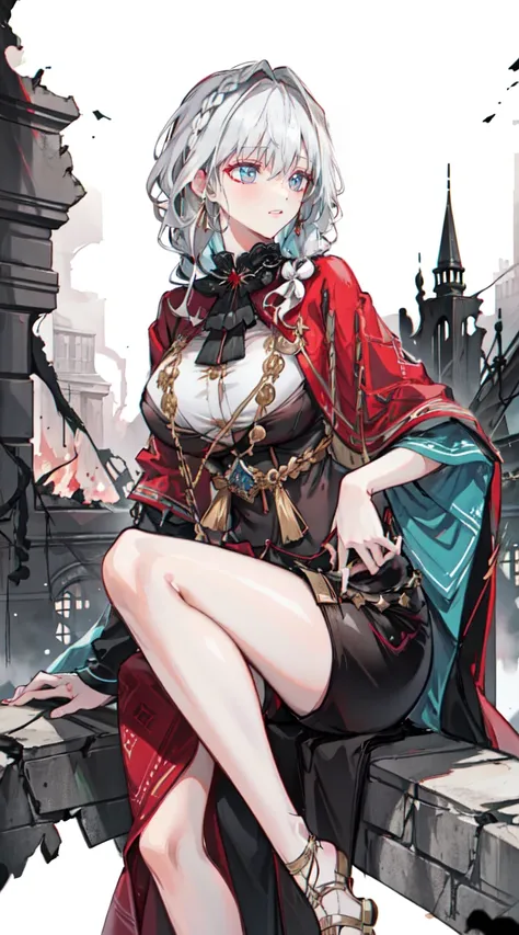 "4K, A dark ruin with no light., There was a mature and elegant woman., white hair, half braided hair, black eyes, Big breasted, wearing a magic  and a red robe., She looks cool, She has a seductive smile.."