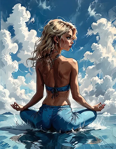 
((back view)), girl sitting in lotus pose on the surface of the water against the background of clouds, 
turned around, turn about, surprise,
 sitting on the water, back view girl sits in the lotus position, cloud, sea line, only water and clouds,
girl in...