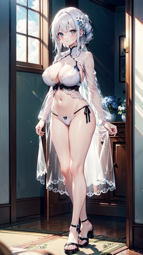 woman，Full body standing，50%Transparency white underwear，50%Transparency White Thong，White hair,Pale skin、Pale skin、 detailed脸，Fewer decorations，Multiple expressions，Very detailed，White transparent underwear，White transparent underwear，Perfect body，Big boo...