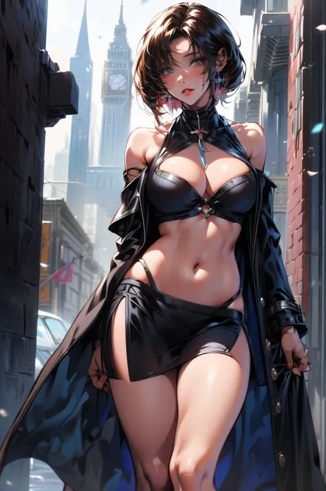 Ultra detailed sexy girl dressed in mini dress, black stockings, boots, great cleavage, Robe sexy noire et rouge, realistic and detailed eyes, context of destroyed world, evil queen, looking directly at the camera, souriant avec satisfaction, longs ongles ...