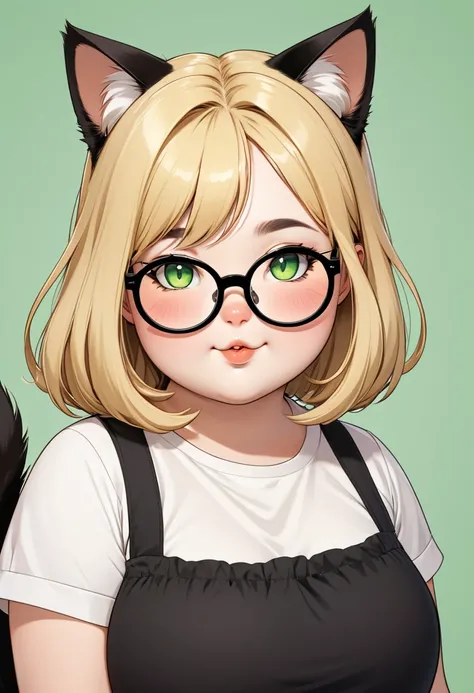 chubby girl, Blonde with green eyes, medium length hair, open forehead, round facial features, glasses with black square frames 
Китайский стиль одежды
Кошачьи уши, cat tail 