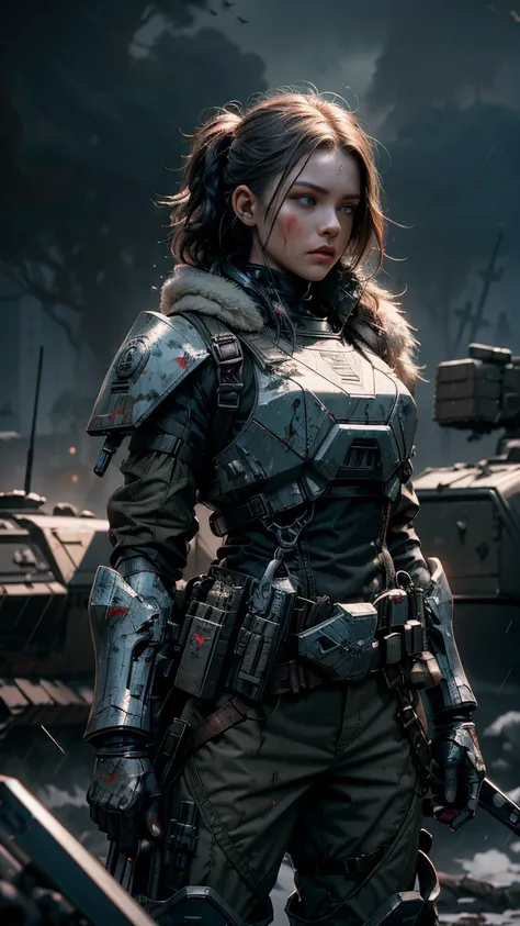 Postapocalyptic combat scene with a Beautiful hyperrealistic photograph of cute Young Swedish woman with Runic tattoos, ((dirty face Blood splattered)), (((wearing full heavy mecha armor, combat harness, Neon highlights))) Short Red Dreadlocks, combat pose...