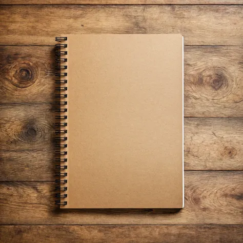 Mockup empty, a blank empty spiral notebook lying on a vintage wooden desk, top view