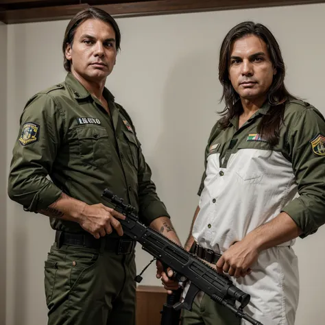 Jair Bolsonaro with a serious face while holding a rifle