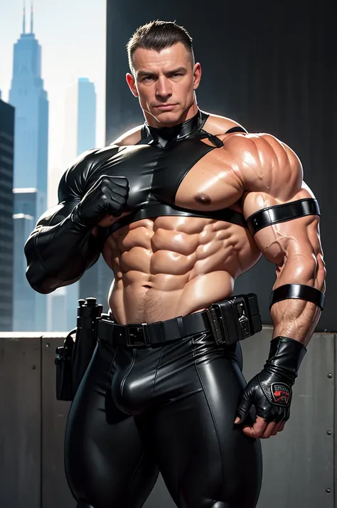 analog style, masterpiece, best quality, highres, realistic, cinematic portrait of Robert Irvine as a smug young handsome extremely muscular superhero bodybuilder with black hair wearing a black leather wetsuit with leather gloves and a utility belt, backg...