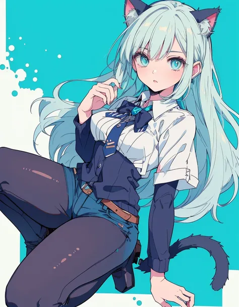 shirts, denim punts, fullbody, ((masterpiece, best quality:1.5)), ((Beautiful detailed cat aqua eyes:1.2)), cat ears, pale skin, small breasts, beautiful hands, beautiful fingers, EasyNegative