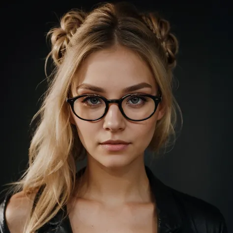 an eye contact of a blond with bun hair and dark theme and big glasses