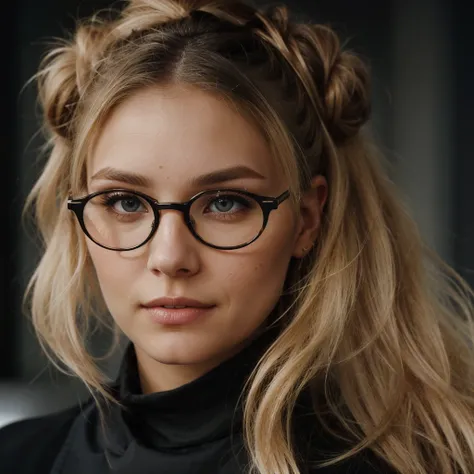 an eye contact of a blond with bun hair and dark theme and big glasses