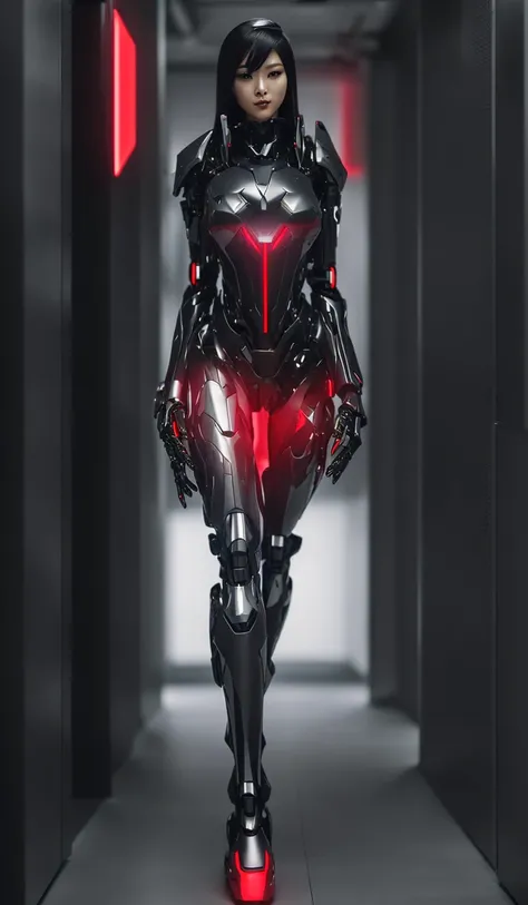 a woman in a futuristic suit standing in a hallway, cyber suit, girl in mecha cyber armor, cyber japan armor, gynoid cyborg body, cybersuits, cybersuit, high-tech red armor, cyber style armor, perfect anime cyborg woman, anime cyborg, clothed in cyber armo...