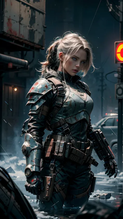 Postapocalyptic combat scene with a Beautiful hyperrealistic photograph of cute Young Swedish woman with Runic tattoos, ((dirty face Blood splattered)), (((wearing full heavy mecha armor, combat harness, Neon highlights))) Short Red Dreadlocks, combat pose...