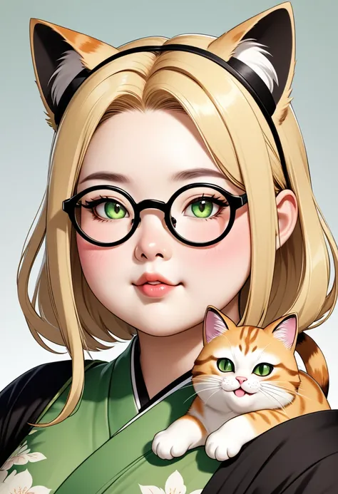 chubby girl, Blonde with green eyes, medium length hair, open forehead, round facial features, glasses with black square frames 
Китайский стиль одежды, ancient china cat ears, cat tail 