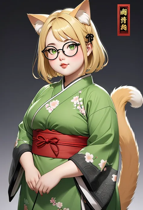 chubby girl, Blonde with green eyes, medium length hair, open forehead, round facial features, glasses with black square frames 
Китайский стиль одежды, ancient china cat ears, cat tail 