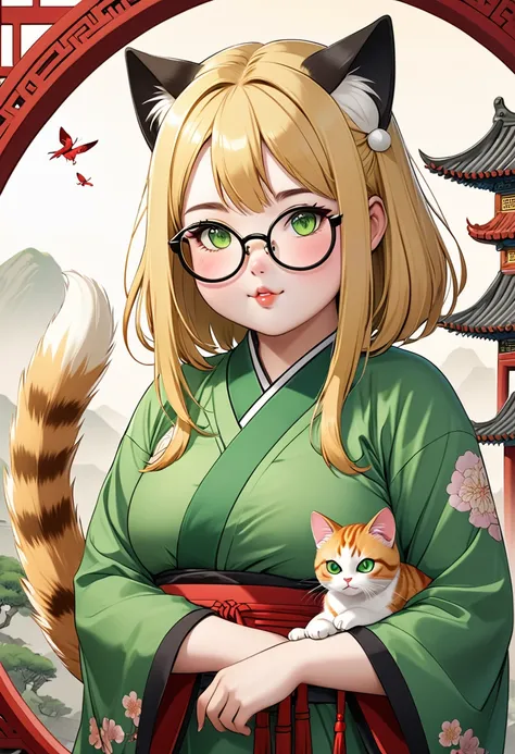 chubby girl, Blonde with green eyes, medium length hair, open forehead, round facial features, glasses with black square frames 
Китайский стиль одежды, ancient china cat ears, cat tail 