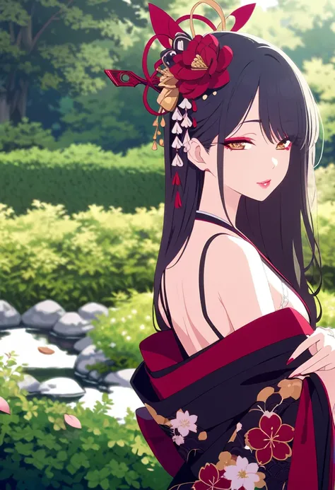 A stunningly beautiful Japanese girl standing in the middle of a lush, green garden. Her long, silky black hair flows gently down her back, adorned with a colorful floral kanzashi. She wears a traditional Japanese kimono, its deep red and gold hues accentu...