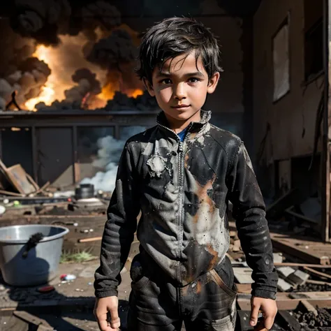 A boy covered in soot who caused an explosion while mischief