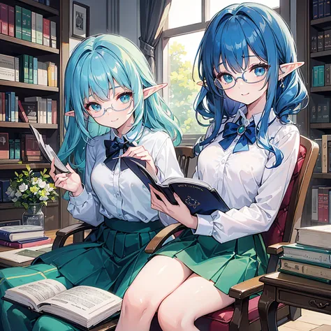 ((beautiful girl))1 2, ((little girls))1 3, large breasts, smile, pubic hair, ((Rimless Glasses))1 3, blue hair, green eyes, elf, dress shirt, Tight Skirt, Sit on a chair, Reading a book, in library,