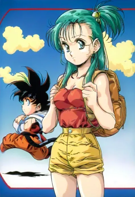 um desenho de uma mulher com cabelo verde e uma mochila, bulma from Dragon sphere, garota saiyajin, Dragon sphere style, by Akira Toriyama, Dragon sphere artstyle, female Goku, Dragon sphere, Estilo Akira Toriyama, Dragon sphere z style, character Dragon s...