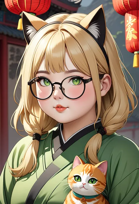 chubby girl, Blonde with green eyes, medium length hair, open forehead, without bangs, round facial features, glasses with black square frames 
Китайский стиль одежды, ancient china cat ears, cat tail 