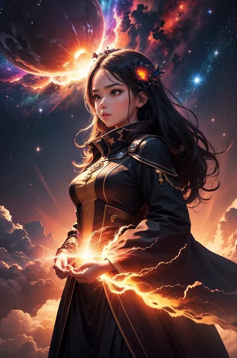 A spectacularly igniting supernova shines brightly amidst the darkness of space, captivatingly watched by an enigmatic woman. The explosion of colors and light creates a mesmerizing display in the image, which is most likely a breathtaking digital artwork....