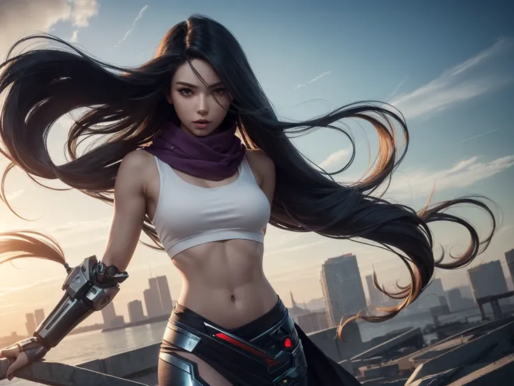 close-up, skinny female cyborg, confidence, futuristic aerodynamic heavy mechanical arm, unreal engine, (extremely long voluminous hair :1.7), ((long scarf), crop tank, low-rise maxi skirts, confident pose, (strong wind)