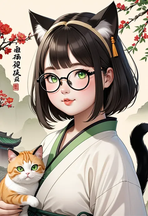 chubby girl, Blonde with green eyes, medium length hair, open forehead, without bangs, round facial features, glasses with black square frames 
Китайский стиль одежды, ancient china cat ears, cat tail 