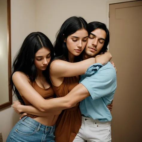 
black hair woman hugging a man while he is holding a cell phone, hugging each other, hugging, arm around her neck, hugging her knees, very very low quality picture, cuddling, hugging and cradling, petra collins and mc. escher, hug, hugs, by Emma Andijewsk...