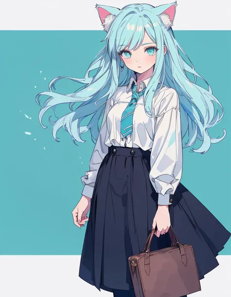 shirts, denim punts, fullbody, ((masterpiece, best quality:1.5)), ((Beautiful detailed cat aqua eyes:1.2)), cat ears, pale skin, small breasts, beautiful hands, beautiful fingers, EasyNegative