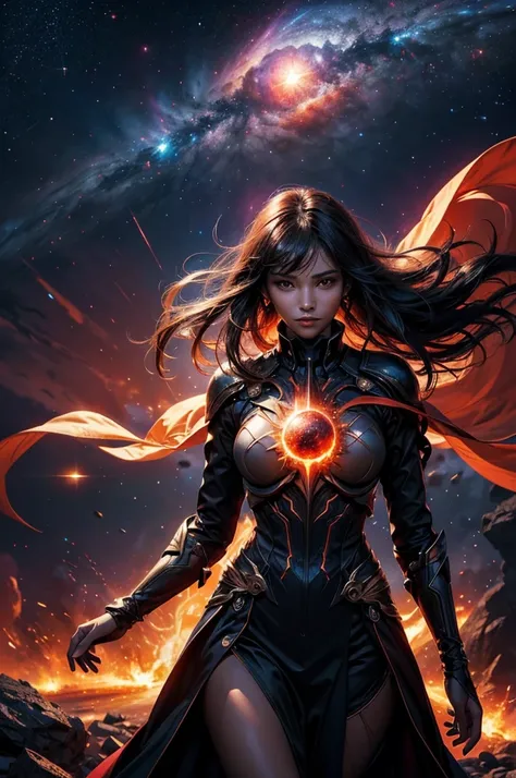 A spectacularly igniting supernova shines brightly amidst the darkness of space, captivatingly watched by an enigmatic woman. The explosion of colors and light creates a mesmerizing display in the image, which is most likely a breathtaking digital artwork....