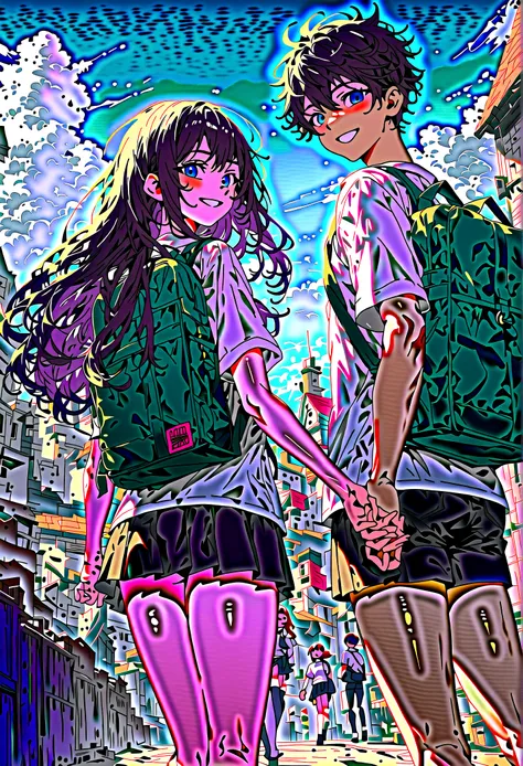 Full-body shots of two male black hair blue eyes and female white hair blue eyes college students smiling and looking back under a blue sky