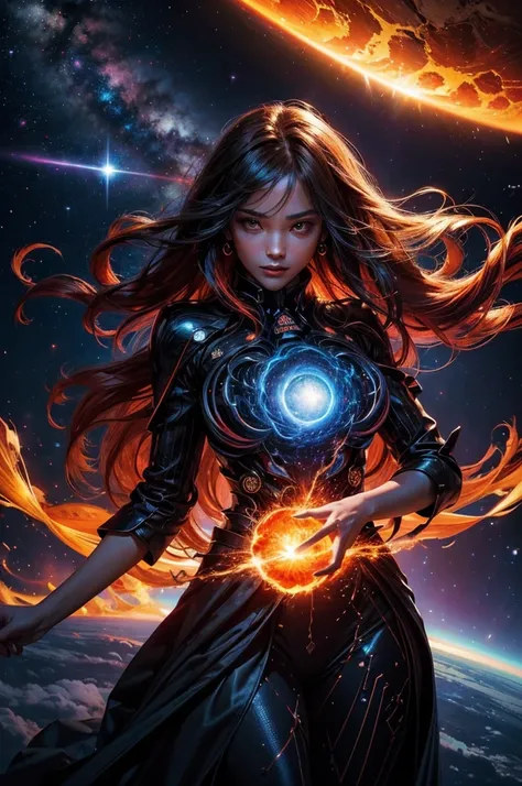 A spectacularly igniting supernova shines brightly amidst the darkness of space, captivatingly watched by an enigmatic woman. The explosion of colors and light creates a mesmerizing display in the image, which is most likely a breathtaking digital artwork....