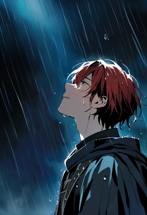 Male Character, teenager, centralized character, short red hair, male medieval clothing, neutral facial expression, no eyes, eyes do not appear, hair covering eyes, body sideways, face sideways, looking up at the sky, character wet by rain, tears in the ra...