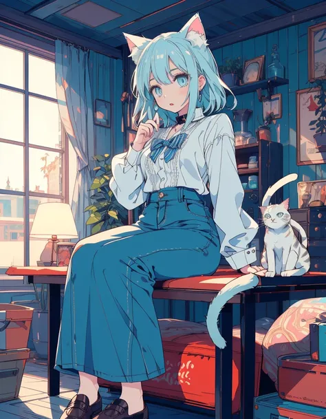 shirts, denim punts, fullbody, ((masterpiece, best quality:1.5)), ((Beautiful detailed cat aqua eyes:1.2)), cat ears, pale skin, small breasts, beautiful hands, beautiful fingers, EasyNegative