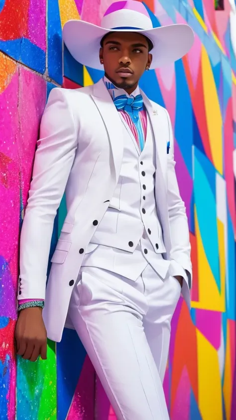 the image shows a person wearing a white suit and hat, positioned in an urban environment with colorful walls and decorative til...