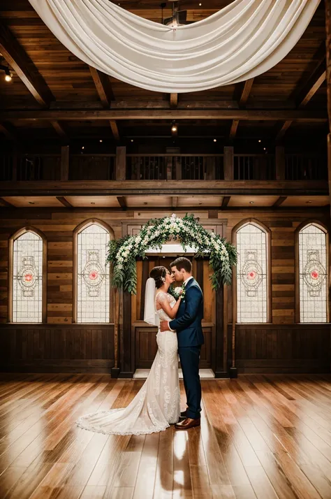 A realistic image of a bride and groom in wedding venue 