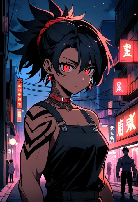 an anime-style character with a muscular and defined torso. The character has a distinctive hairstyle with spiky black hair with red highlights, and light red eyes that give off an intense and focused expression. You can see them on her face and shoulders....