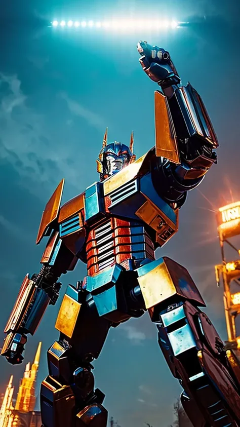 "Un impresionante fondo de pantalla en 4K de Optimus Prime, the leader of the Autobots, en una postura heroica. The image should highlight the metallic and shiny details of your armor, con luces y sombras que resalten su figura imponente. El fondo puede se...