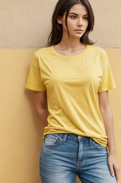 Generate a  of high-quality T-shirt mockup images with the following specifications:

- **T-shirt Style**: 
  - Casual and slightly oversized Fit Crew neck
  - Plain, solid color without any graphics or logos Female model (from neck to hips, no face) Simpl...