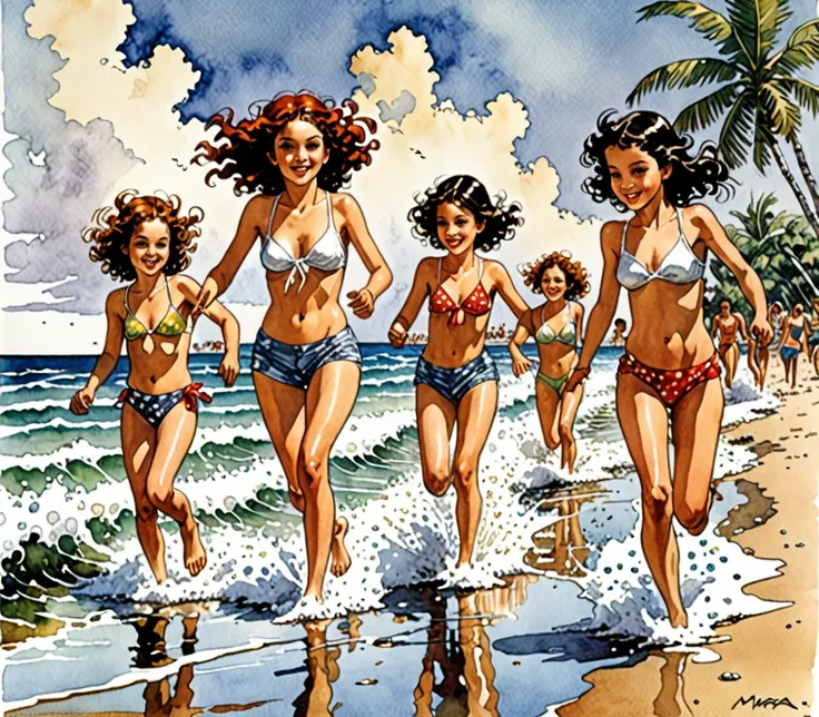 Milo Manara ilustration style, kids playing on the beaches of Cuba