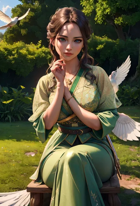 a woman holding a sword in her hand, a dove sitting on her hand, lush green landscape, highly symmetrical, (best quality,4k,8k,highres,masterpiece:1.2),ultra-detailed,(realistic,photorealistic,photo-realistic:1.37),detailed face and eyes, elegant pose, pea...