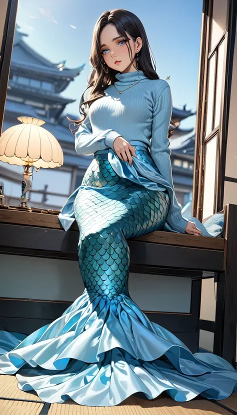 (masterpiece,Highest quality,Ultra-high resolution),Japanese women, (((Very beautiful 25 year old girl))),Long sleeve sweater、((A long mermaid-style skirt made of light blue satin))、The skirt is ankle-length、