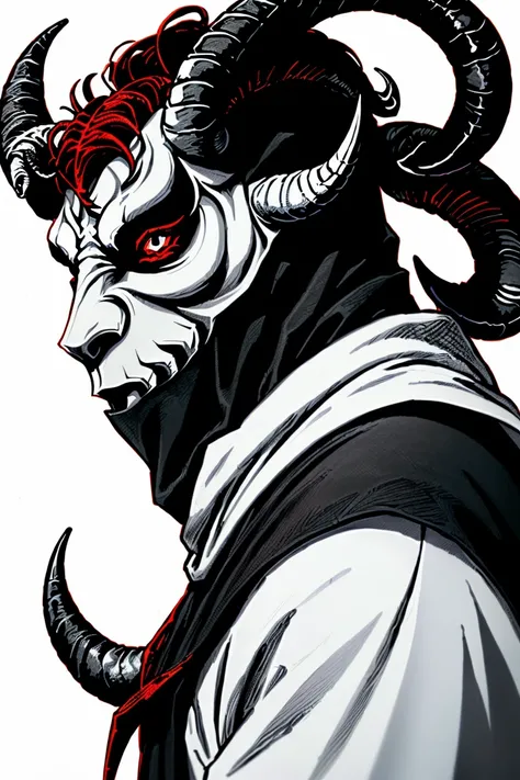 pencil drawing、Dramatic style、cartoon、Masterpiece、top-quality、best composition、ultra-detailliert, ((demon)), (((male))), male demon, ((scary demon), (((wearing a scary white mask))), blood, (((ram curved horns))), long wavy red hair, (((slavic black full c...