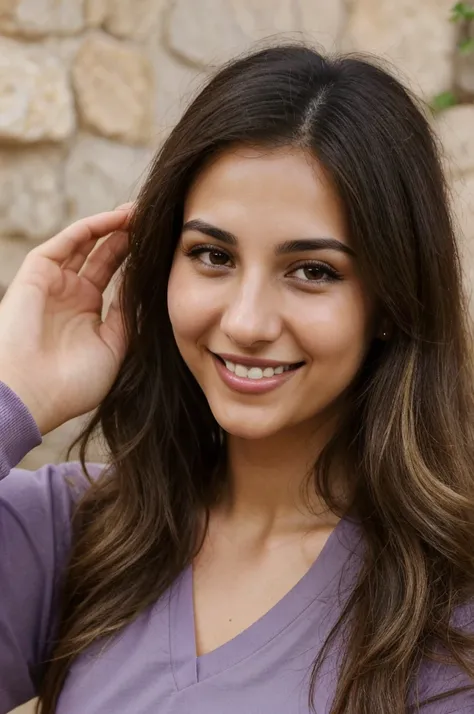 24YO,one attractive Jordanian women, purple shirt, cute smile, cute face, white teethes, skinny face, light brown eyes, small nose, black/blonde long hair