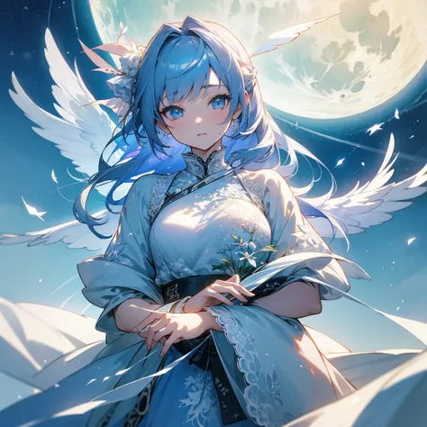 Origami art、Extremely detailed、Anime Style、A beautifully detailed lace dress、CG、HDR+、4K Rendering、moon、Sparkling Eyes、A beautiful, fragile and fascinating girl、Angel、White world、Watercolor、Angelの羽