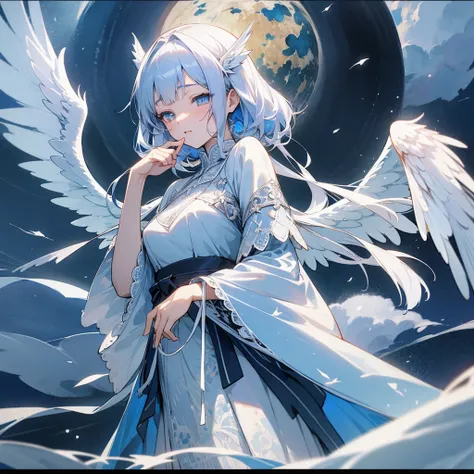 Origami art、Extremely detailed、Anime Style、A beautifully detailed lace dress、CG、HDR+、4K Rendering、moon、Sparkling Eyes、A beautiful, fragile and fascinating girl、Angel、White world、Watercolor、Angelの羽