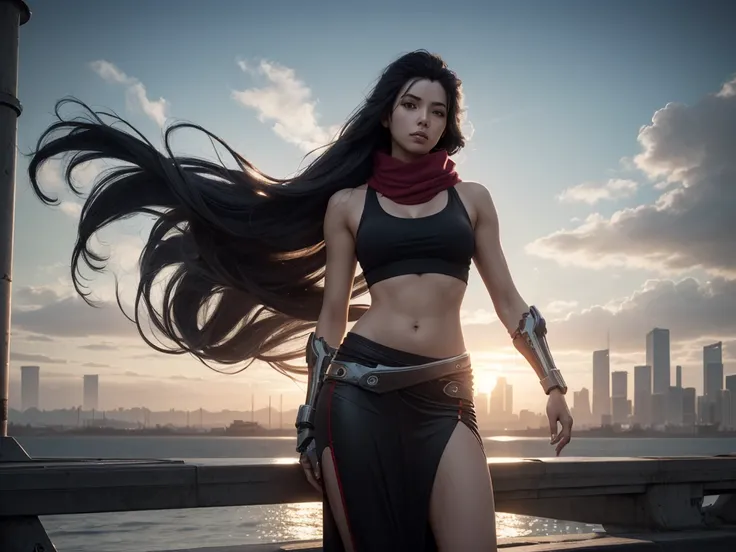 rule-of-thirds shot, skinny female cyborg, confidence, futuristic aerodynamic heavy mechanical arm, unreal engine, (extremely long voluminous hair :1.7), ((long scarf), crop tank, low-rise maxi skirts, confident pose, (strong wind), post-apocaliptic city o...