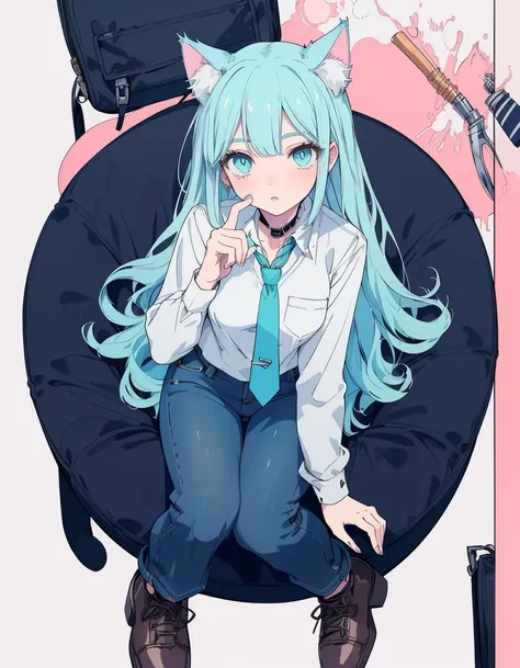 shirts, denim punts, fullbody, ((masterpiece, best quality:1.5)), ((Beautiful detailed cat aqua eyes:1.2)), cat ears, pale skin, small breasts, beautiful hands, beautiful fingers, EasyNegative