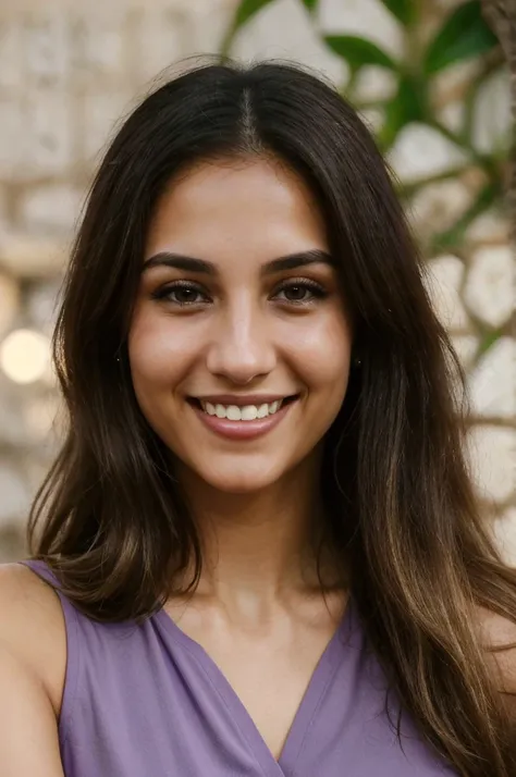 24YO,one attractive Jordanian women, purple shirt, cute smile, cute face, white teethes, skinny face, light brown eyes, small nose, black/blonde long hair